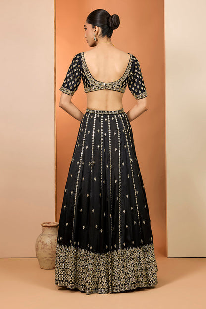 Black Silk Organza Mirror Hand Embroidered Lehenga Set