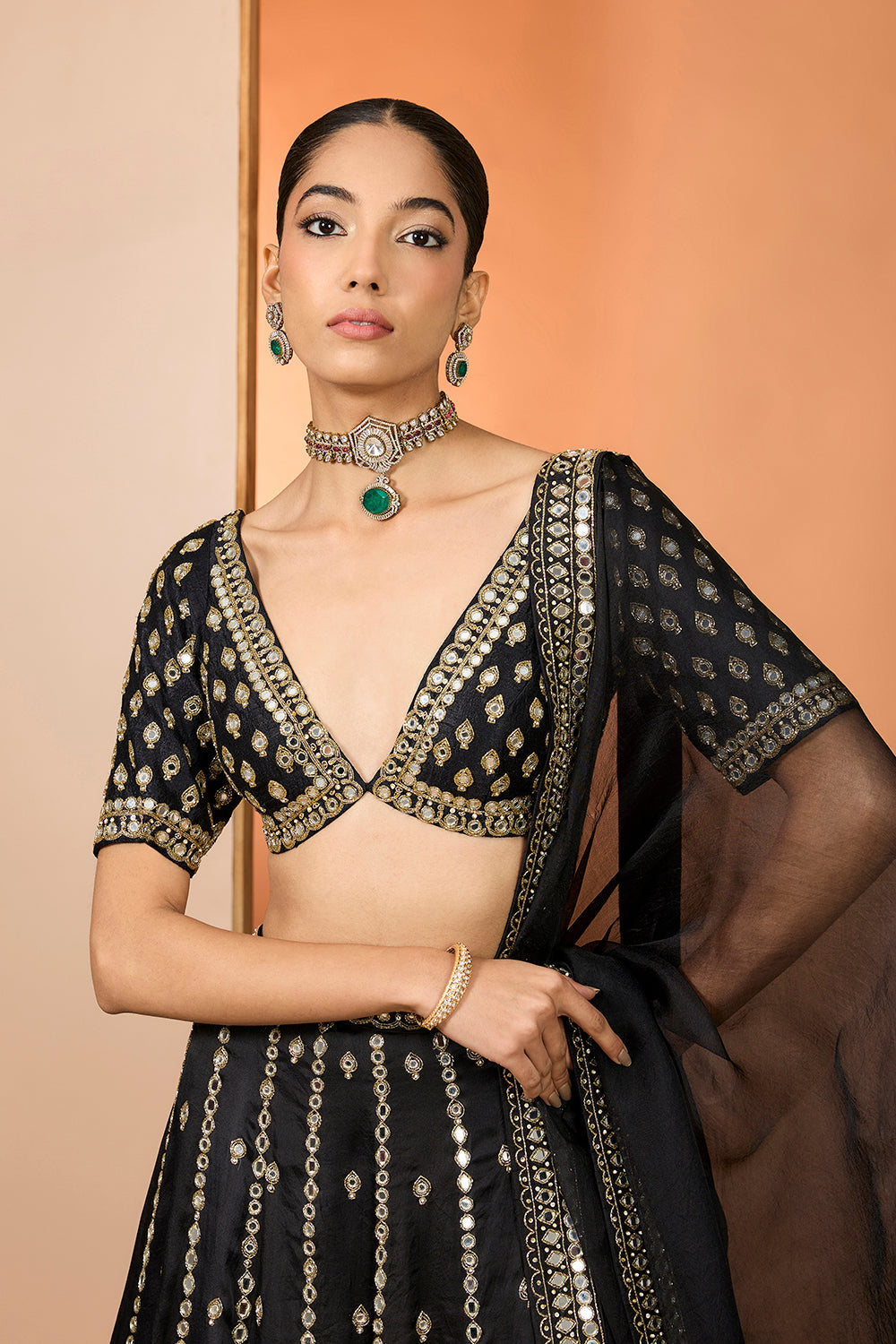 Black Silk Organza Mirror Hand Embroidered Lehenga Set
