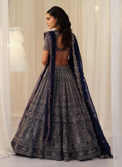 Indigo Hand Embellished Blouse With Raw Silk Lehenga & Dupatta