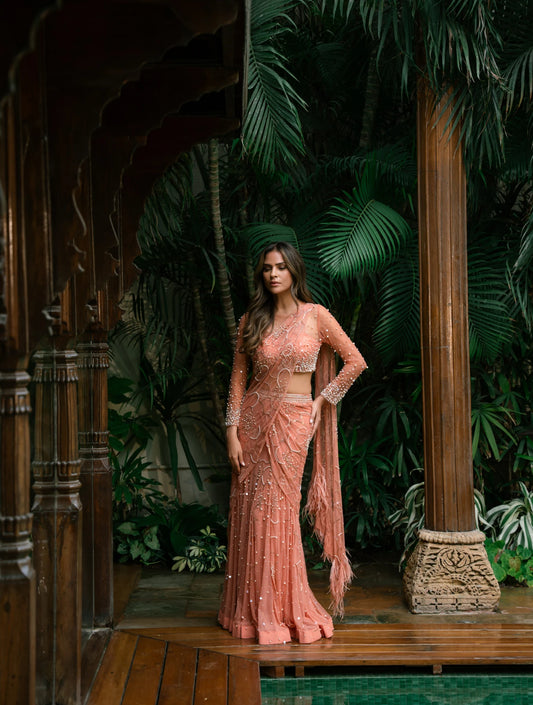 The Orange Soft Tulle Lehenga Sari