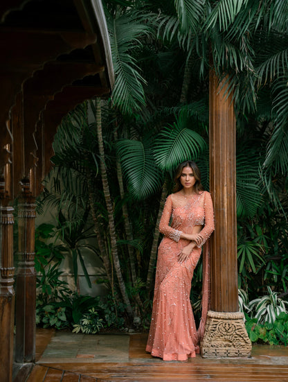 The Orange Soft Tulle Lehenga Sari