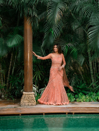 The Orange Soft Tulle Lehenga Sari
