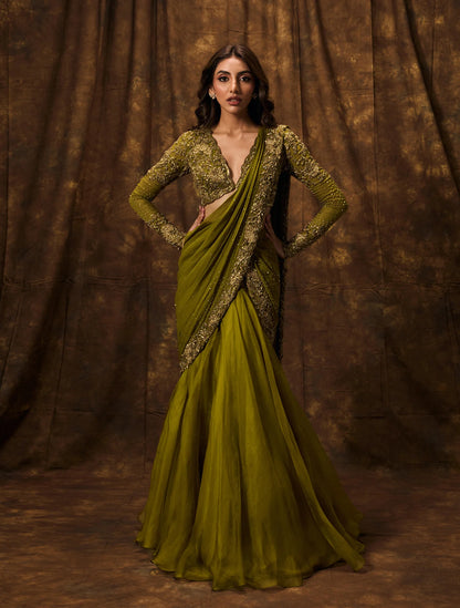 Olive green organza lehenga sari
