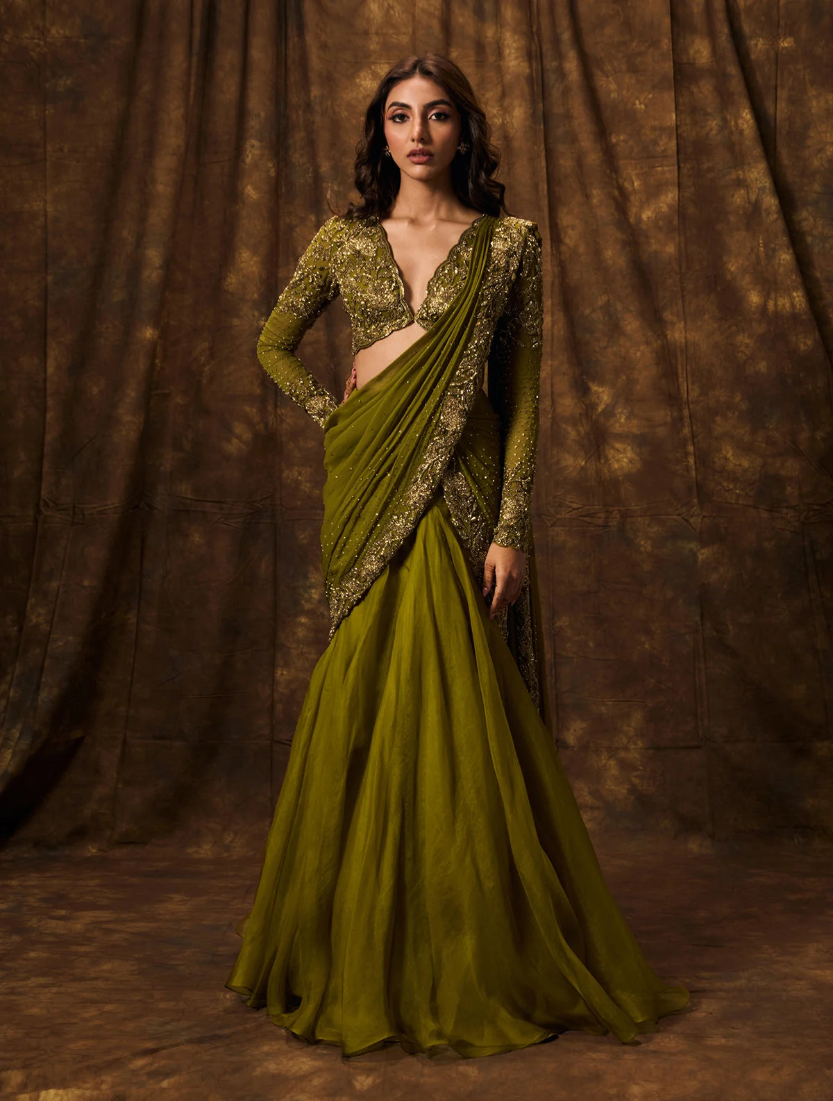 Olive green organza lehenga sari