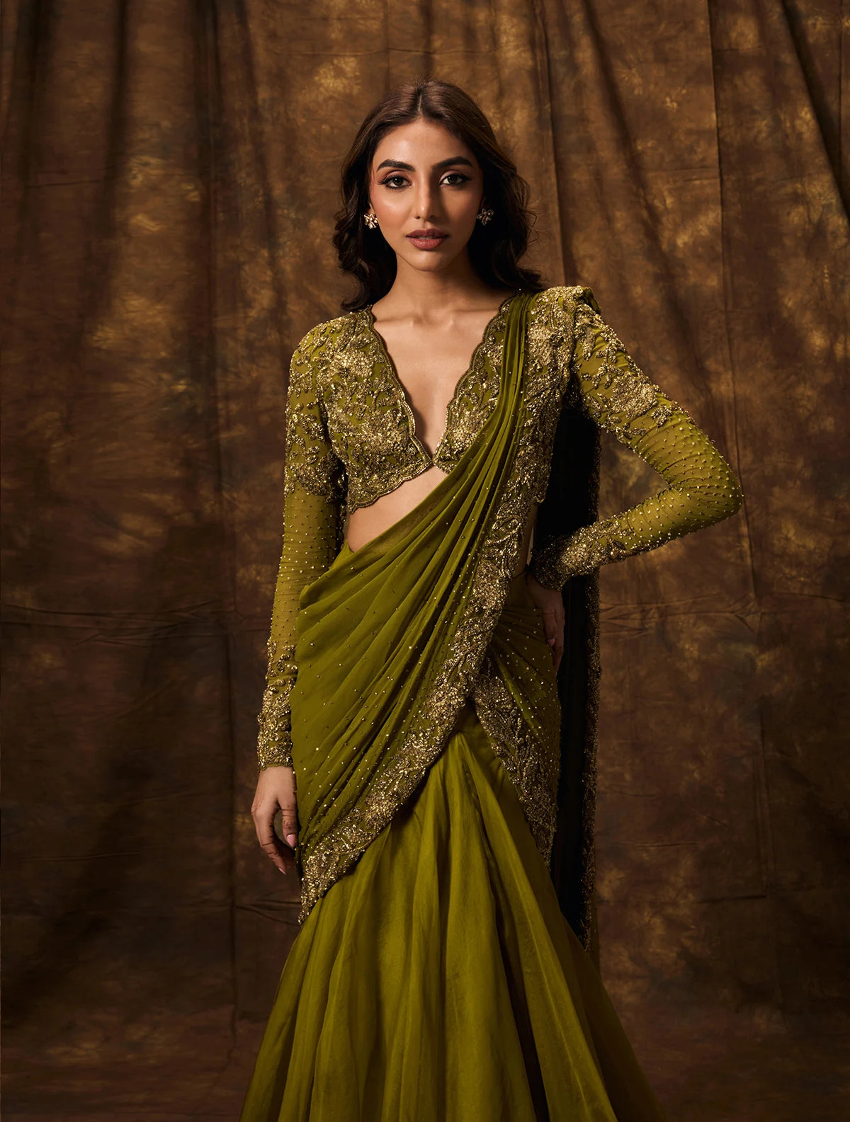 Olive green organza lehenga sari