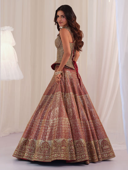 Maroon Raw Silk Lehenga With Peplum Sculpt Corset & Dupatta