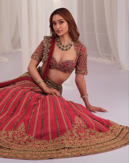 Maroon Marodi Raw Silk Lehenga With Blouse & Dupatta