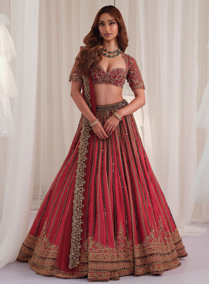 Maroon Marodi Raw Silk Lehenga With Blouse & Dupatta