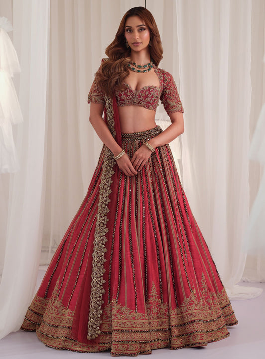 Maroon Marodi Raw Silk Lehenga With Blouse & Dupatta