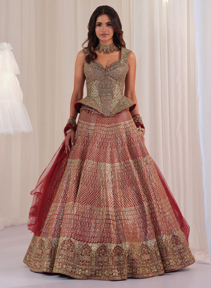 Maroon Raw Silk Lehenga With Peplum Sculpt Corset & Dupatta