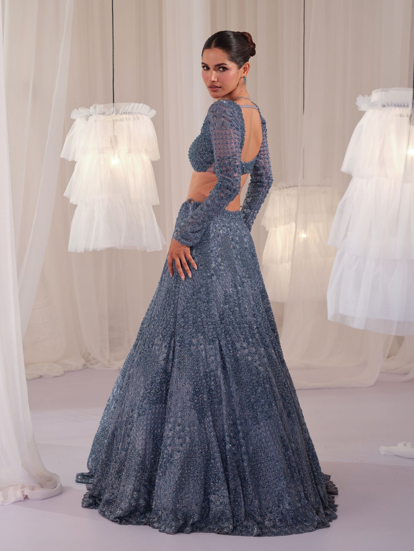 Metallic Blue Hand Embellished Blouse With Lehenga & Dupatta