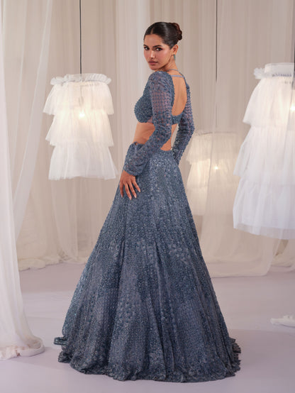 Metallic Blue Hand Embellished Blouse With Lehenga & Dupatta