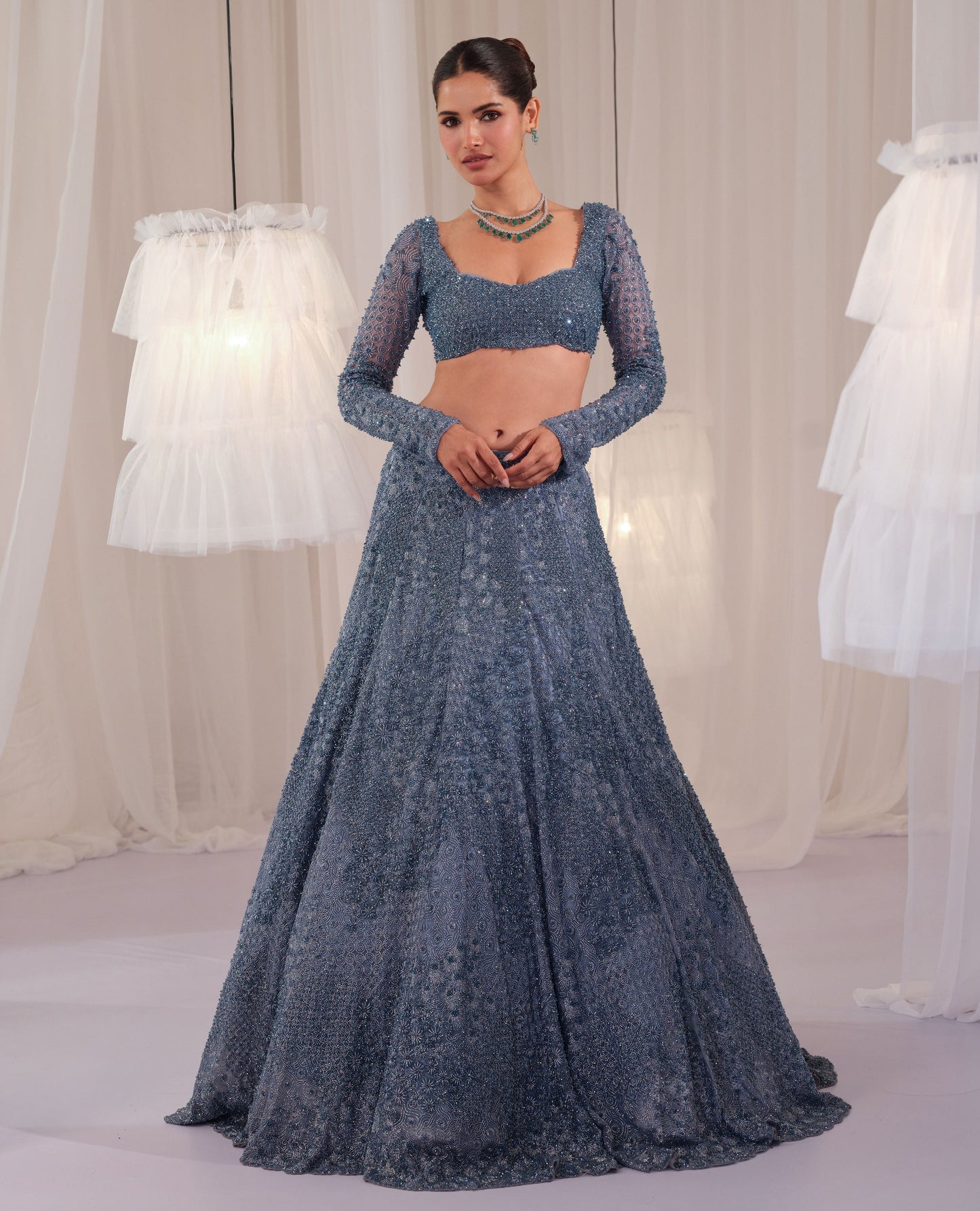 Metallic Blue Hand Embellished Blouse With Lehenga & Dupatta