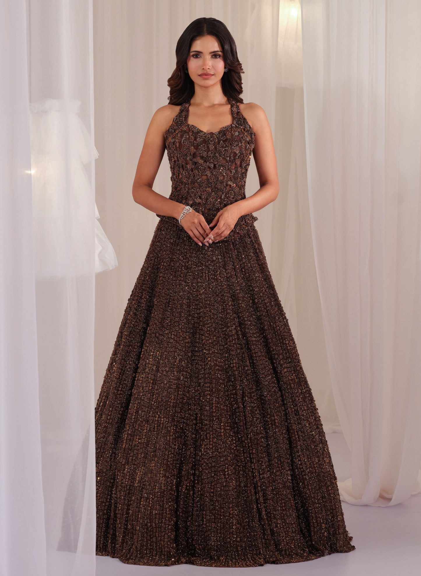 Metallic Coffee Brown Hand Embellished Corset With Lehenga