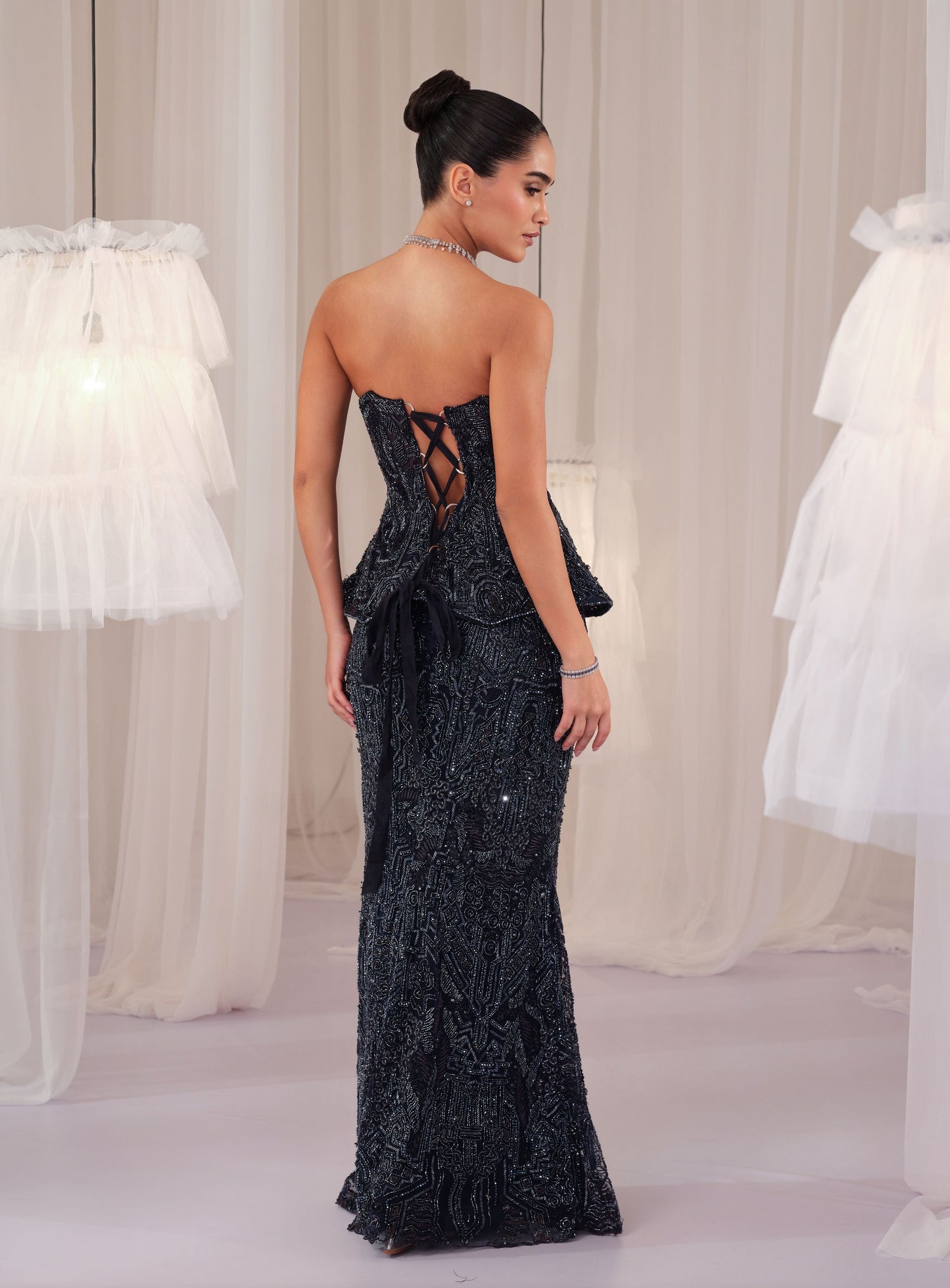 Midnight Blue Embellished Corset With Pencil Skirt