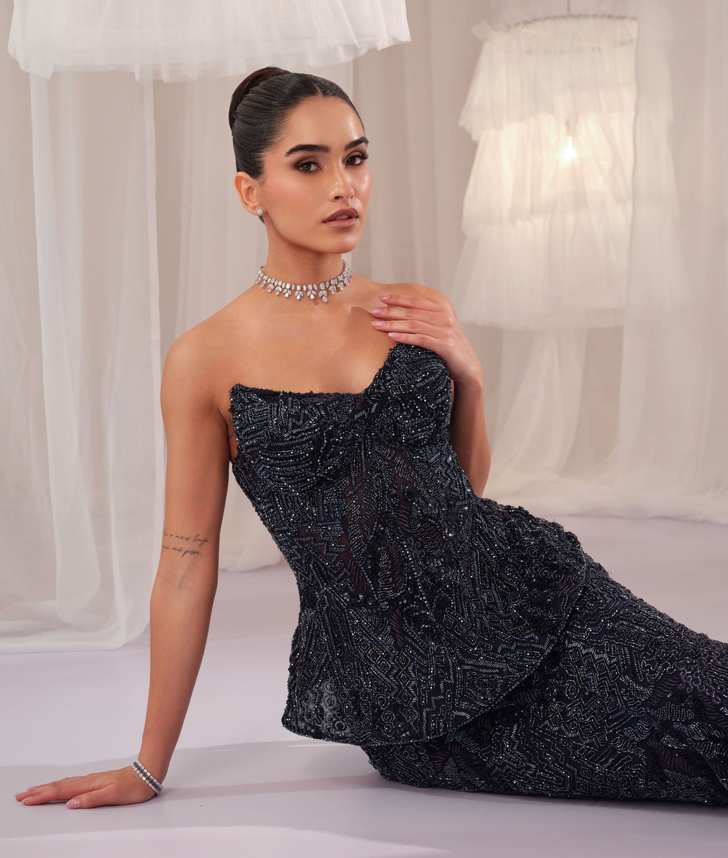 Midnight Blue Embellished Corset With Pencil Skirt