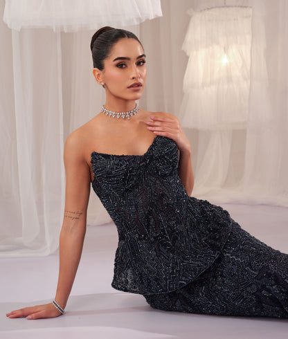 Midnight Blue Embellished Corset With Pencil Skirt