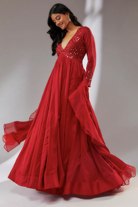 CHANDERI SILK RED ANARKALI