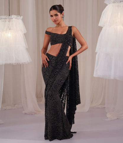 Navy Shimmery Draped Saree With Blouse