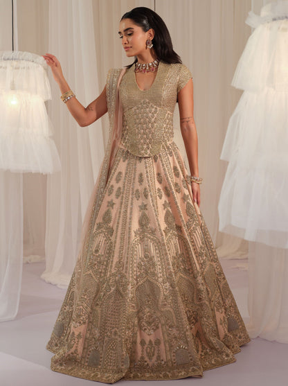 Peach Muted Gold Corset With Lehenga & Dupatta