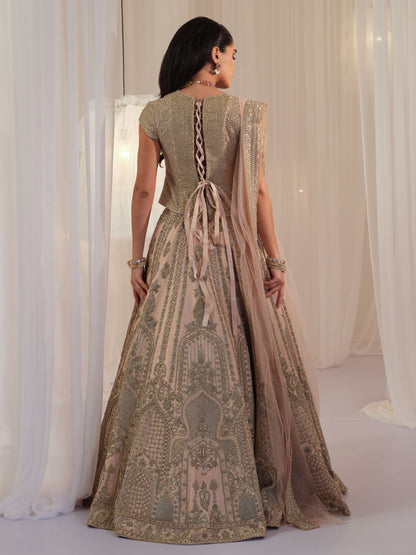 Peach Muted Gold Corset With Lehenga & Dupatta
