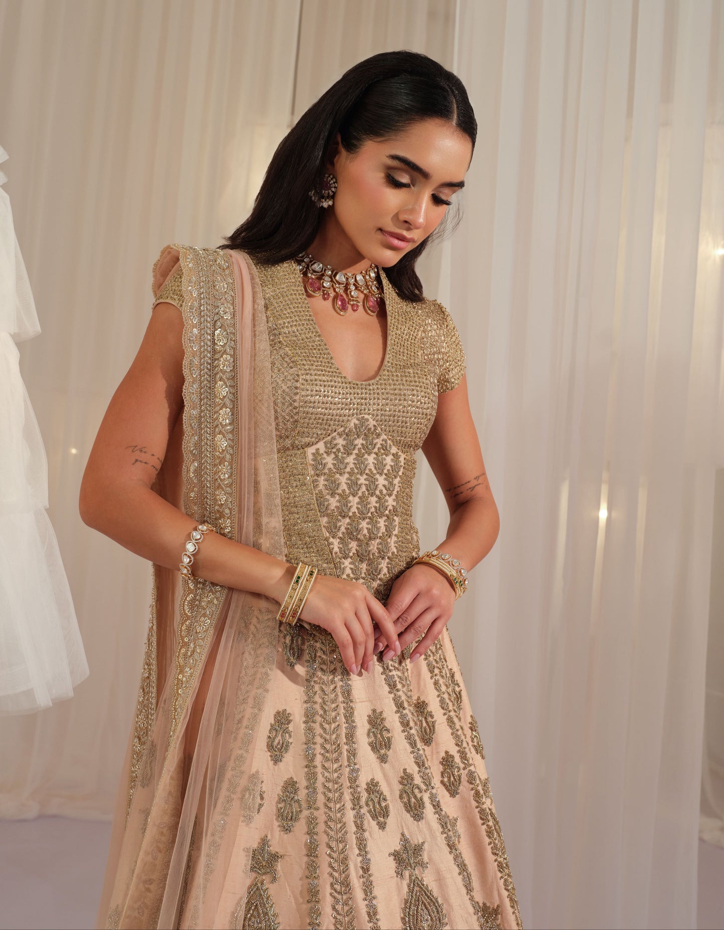 Peach Muted Gold Corset With Lehenga & Dupatta