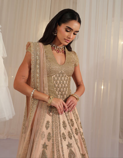 Peach Muted Gold Corset With Lehenga & Dupatta