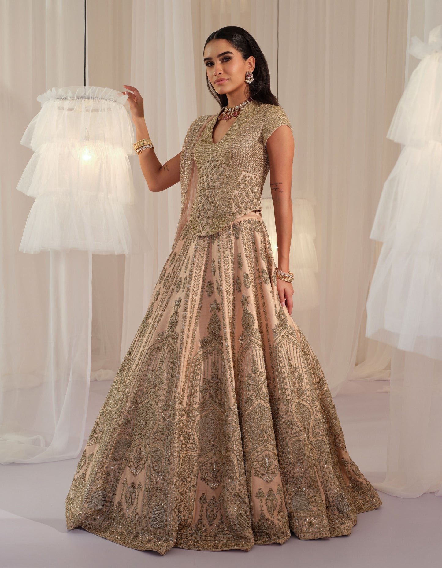 Peach Muted Gold Corset With Lehenga & Dupatta