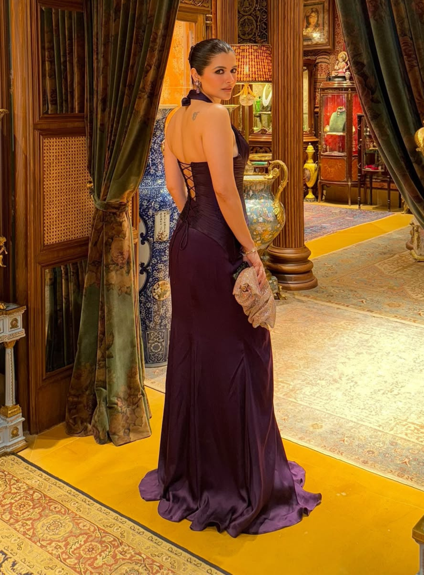 Plum Pleated Structured Corset paired with flowy drape skirt & stole