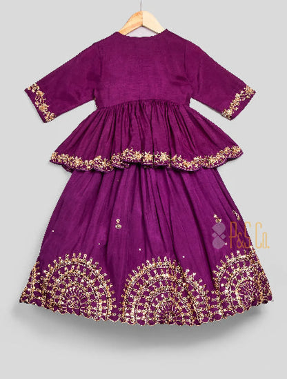 Purple Silk Embroidered Peplum Top & Lehenga Set