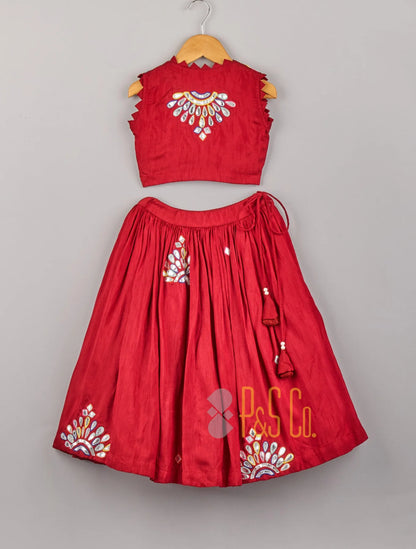 Red Abhla Work And Multi Colour Threadwork Top With Lehenga