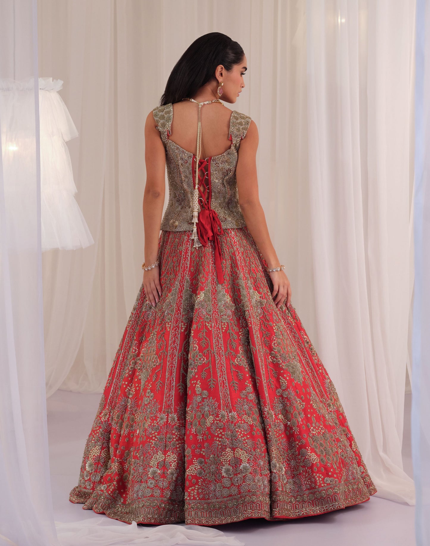 Red Hand Embellished Corset with Raw Silk Lehenga & Dupatta