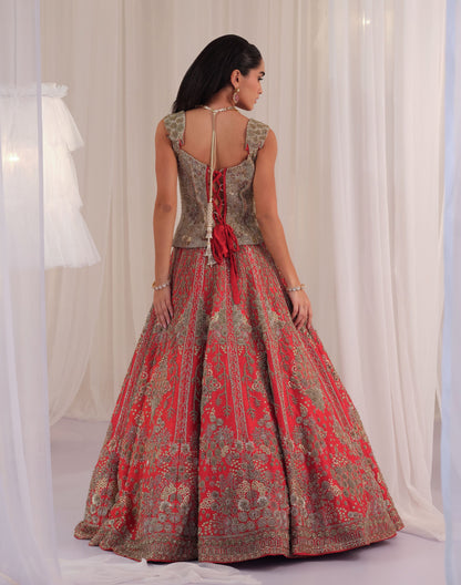 Red Hand Embellished Corset with Raw Silk Lehenga & Dupatta
