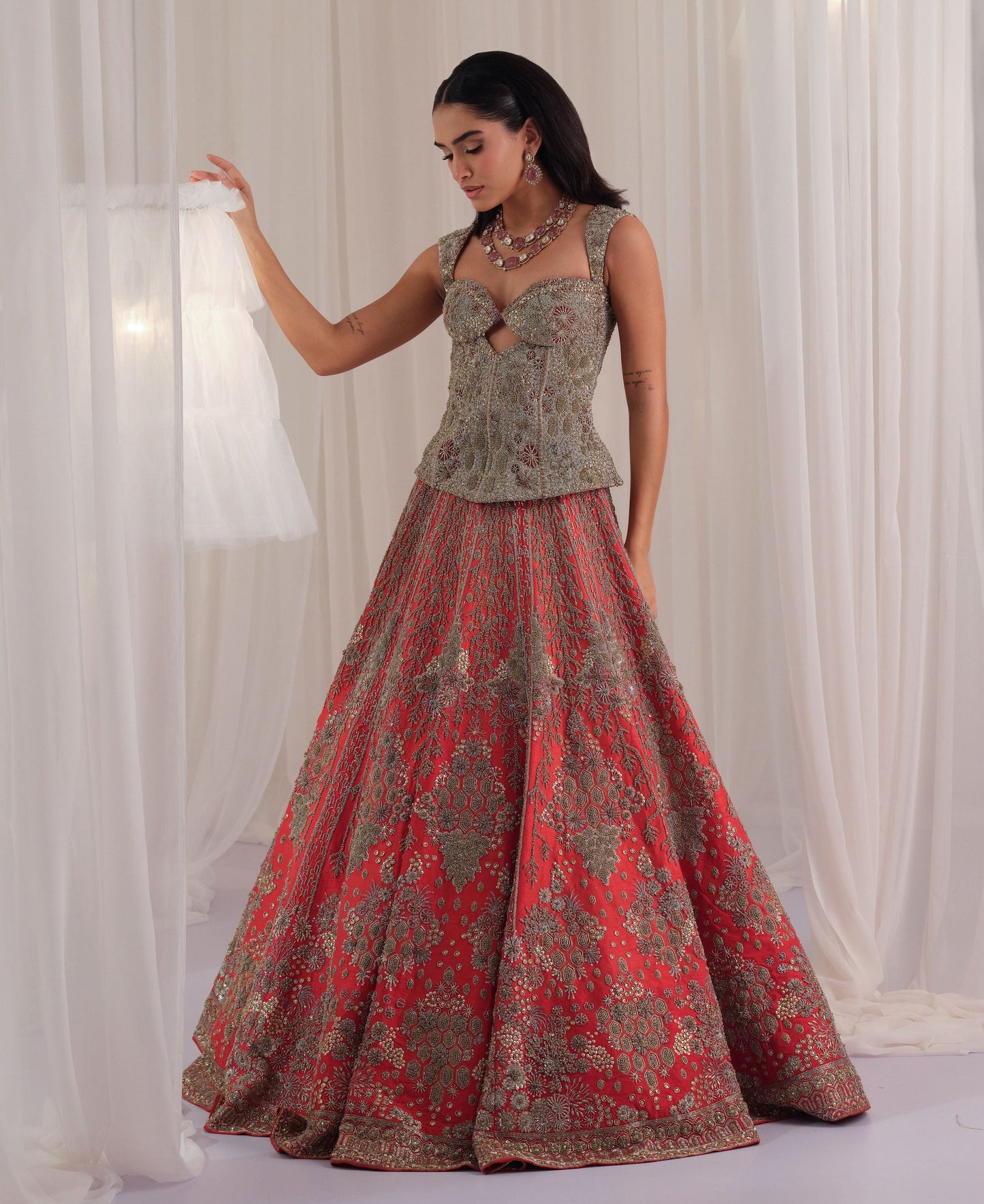 Red Hand Embellished Corset with Raw Silk Lehenga & Dupatta