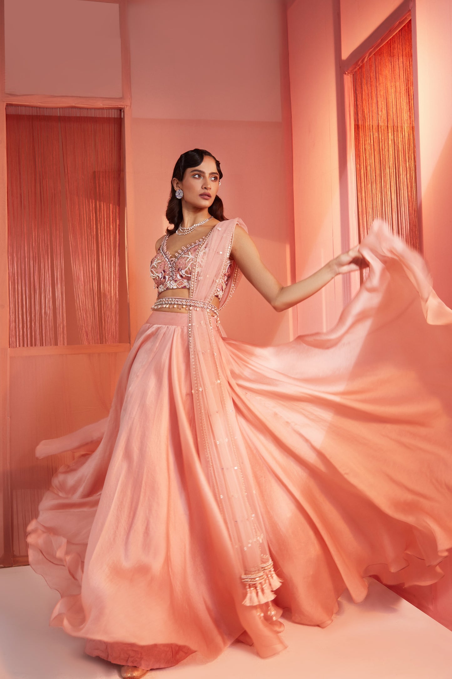 DUSTY PINK BLOUSE AND ORGANZA LEHENGA SET
