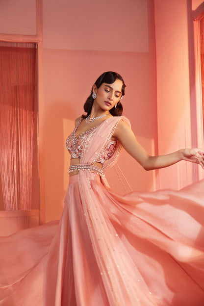 DUSTY PINK BLOUSE AND ORGANZA LEHENGA SET