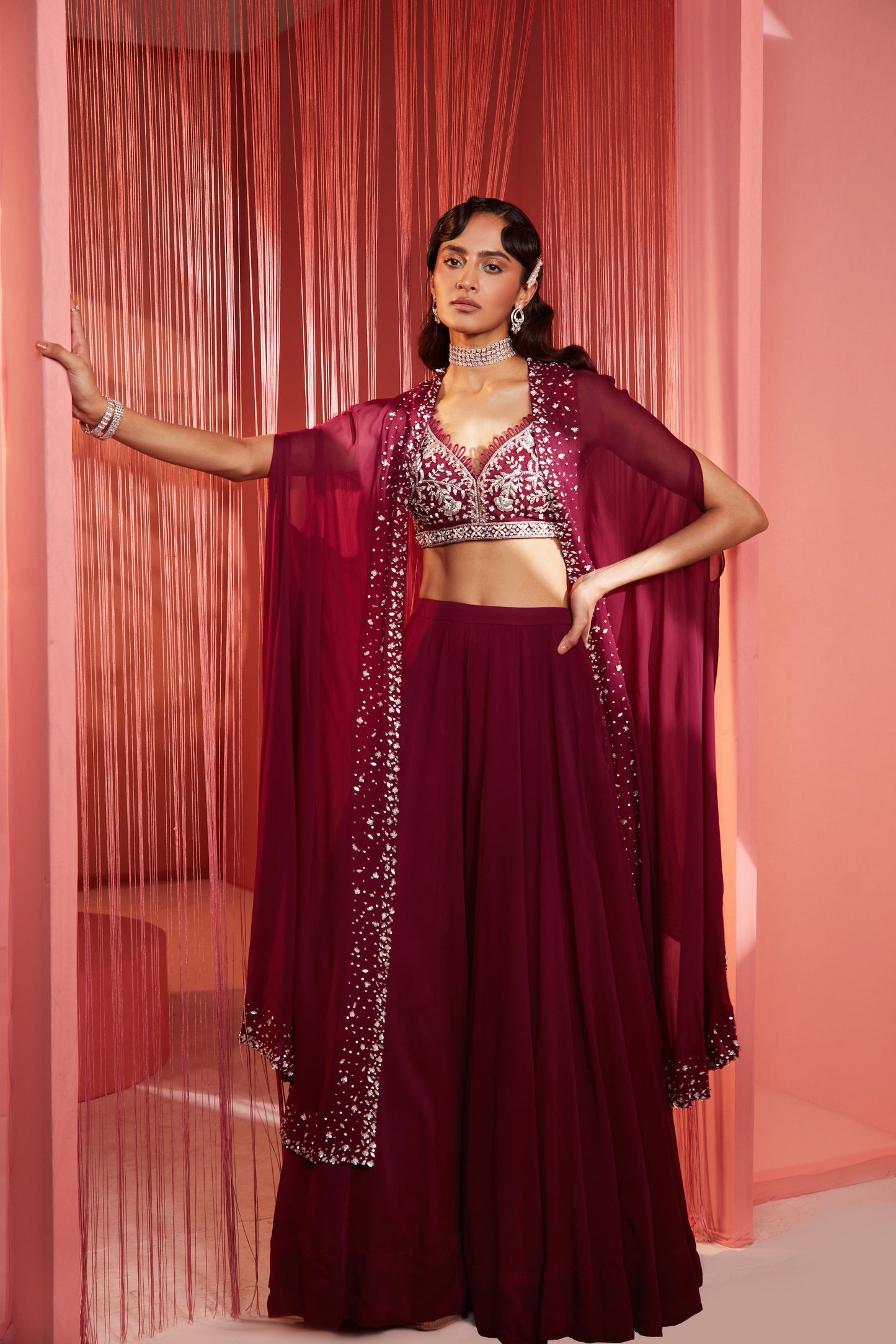 PLUM CAPE BLOUSE AND PALAZZO SET