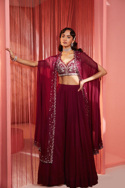 PLUM CAPE BLOUSE AND PALAZZO SET