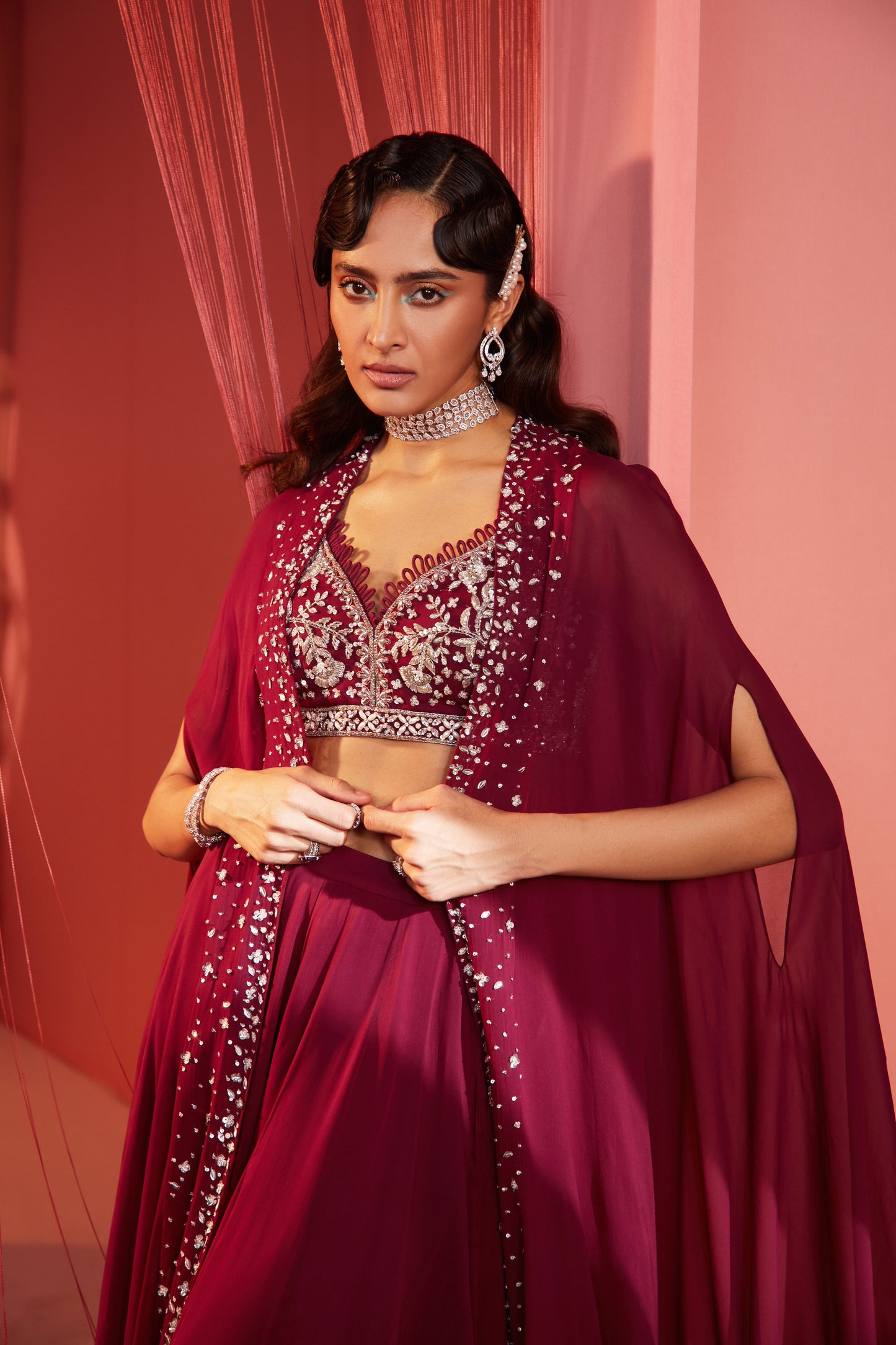 PLUM CAPE BLOUSE AND PALAZZO SET