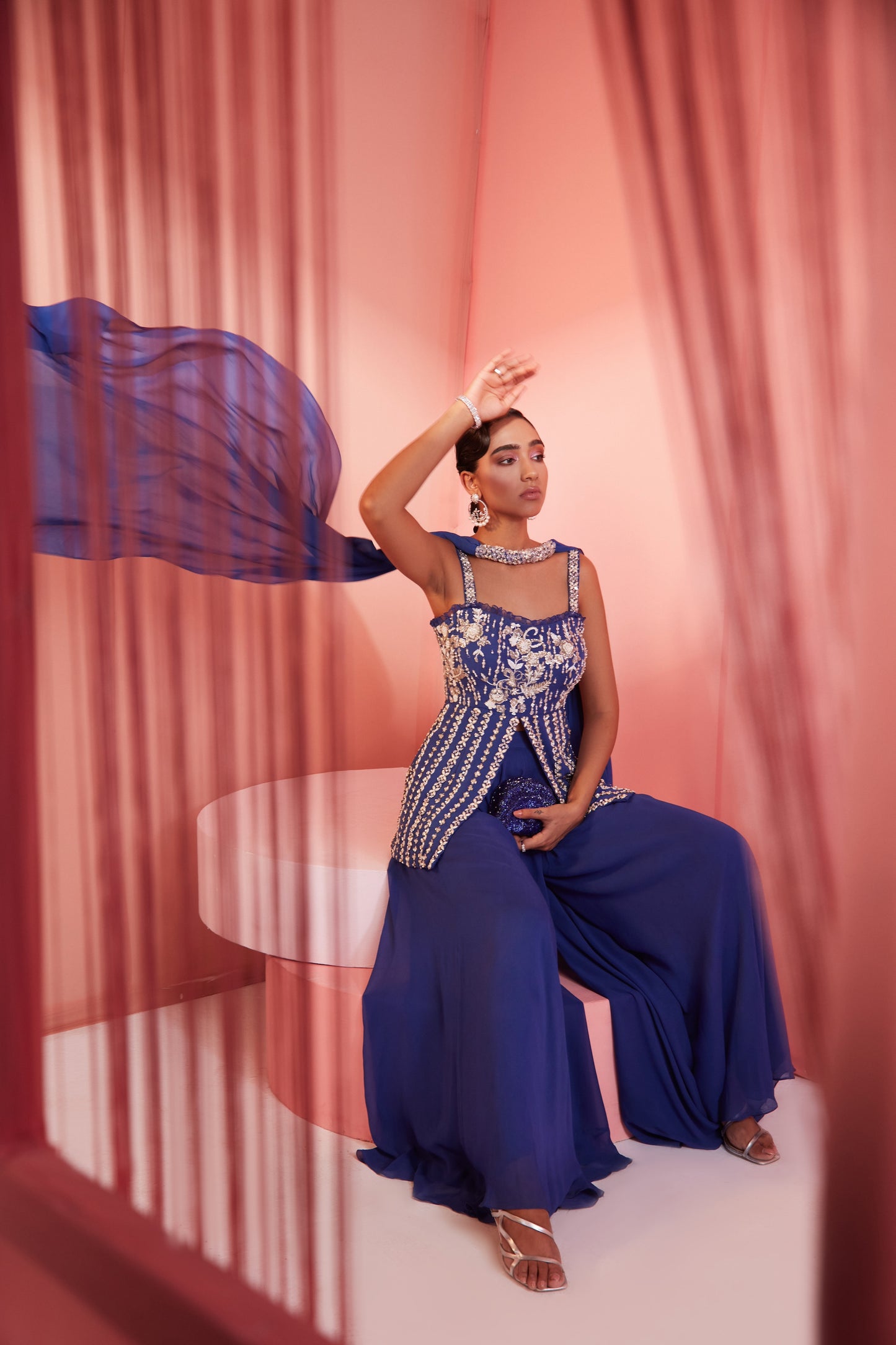 INK BLUE PEPLUM AND PALAZZO SET