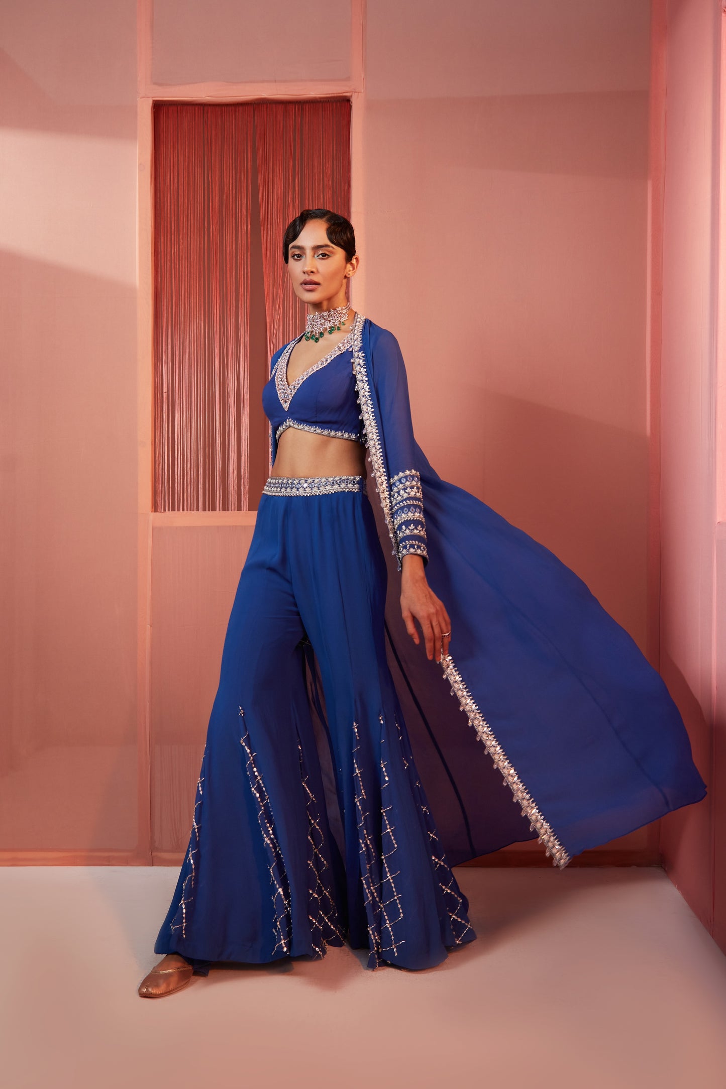 INK BLUE SHARARA AND CAPE SET