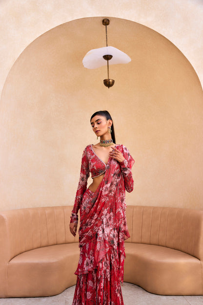 RED FLORAL PRINT RUFFLE SAREE