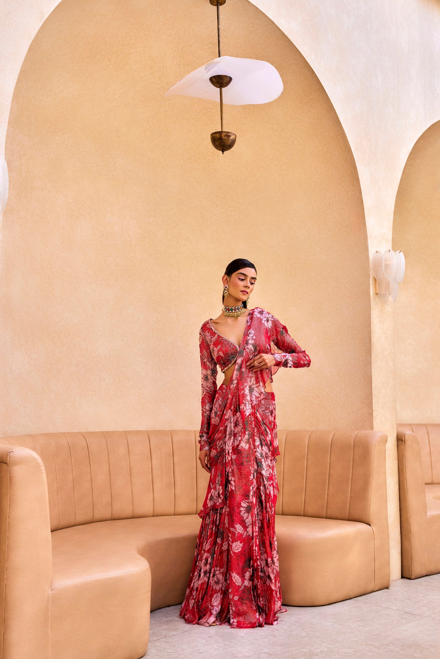 RED FLORAL PRINT RUFFLE SAREE