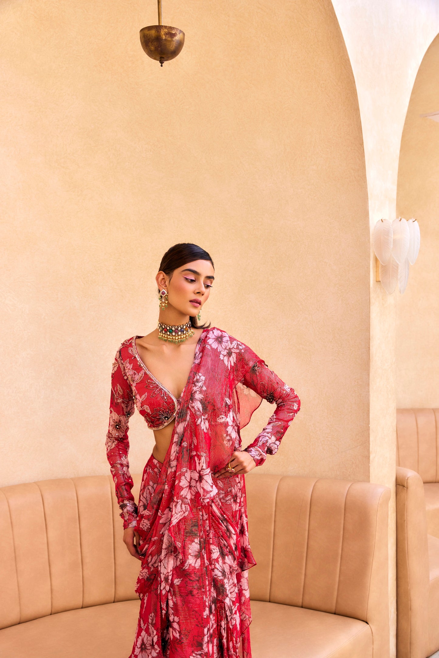 RED FLORAL PRINT RUFFLE SAREE