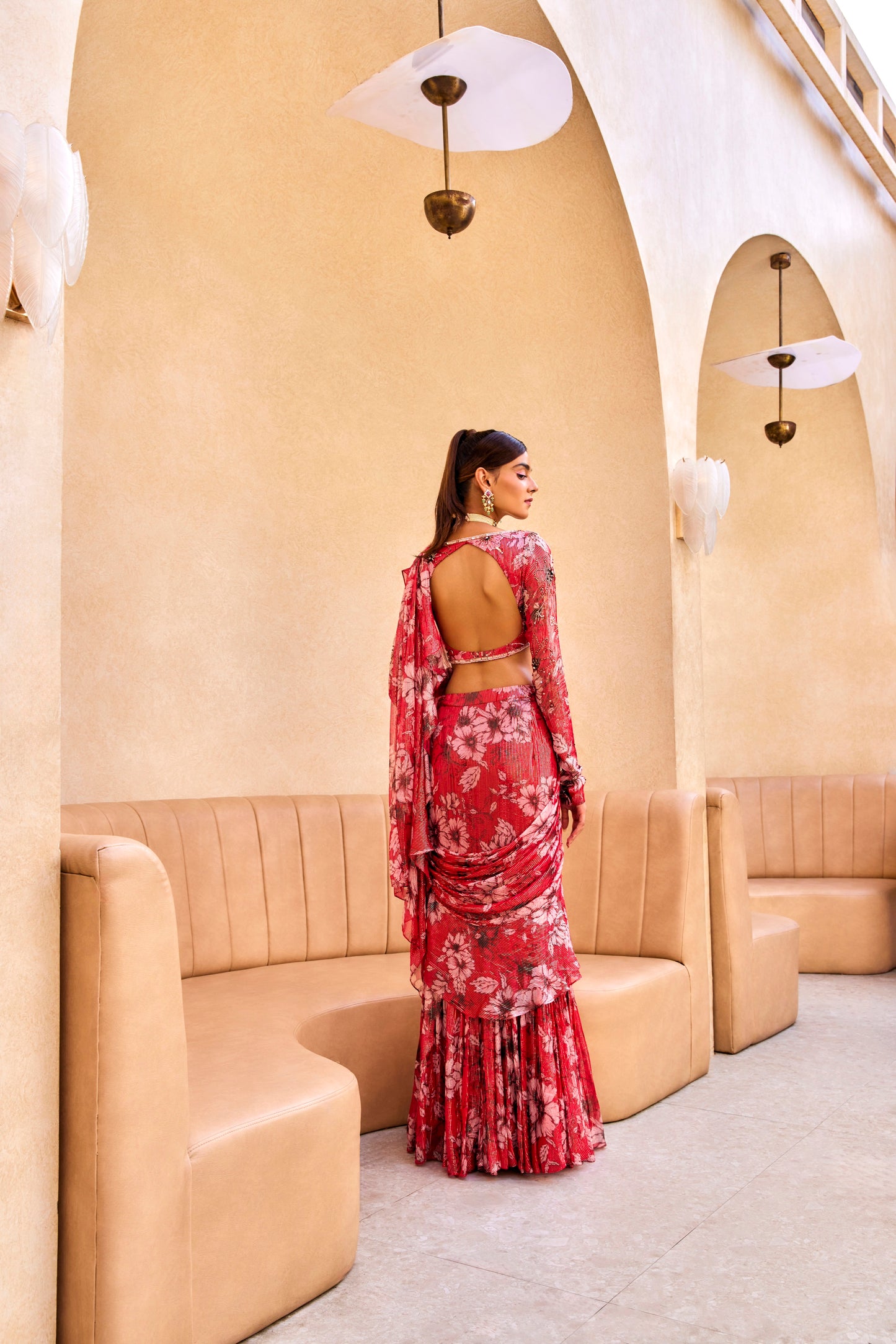 RED FLORAL PRINT RUFFLE SAREE
