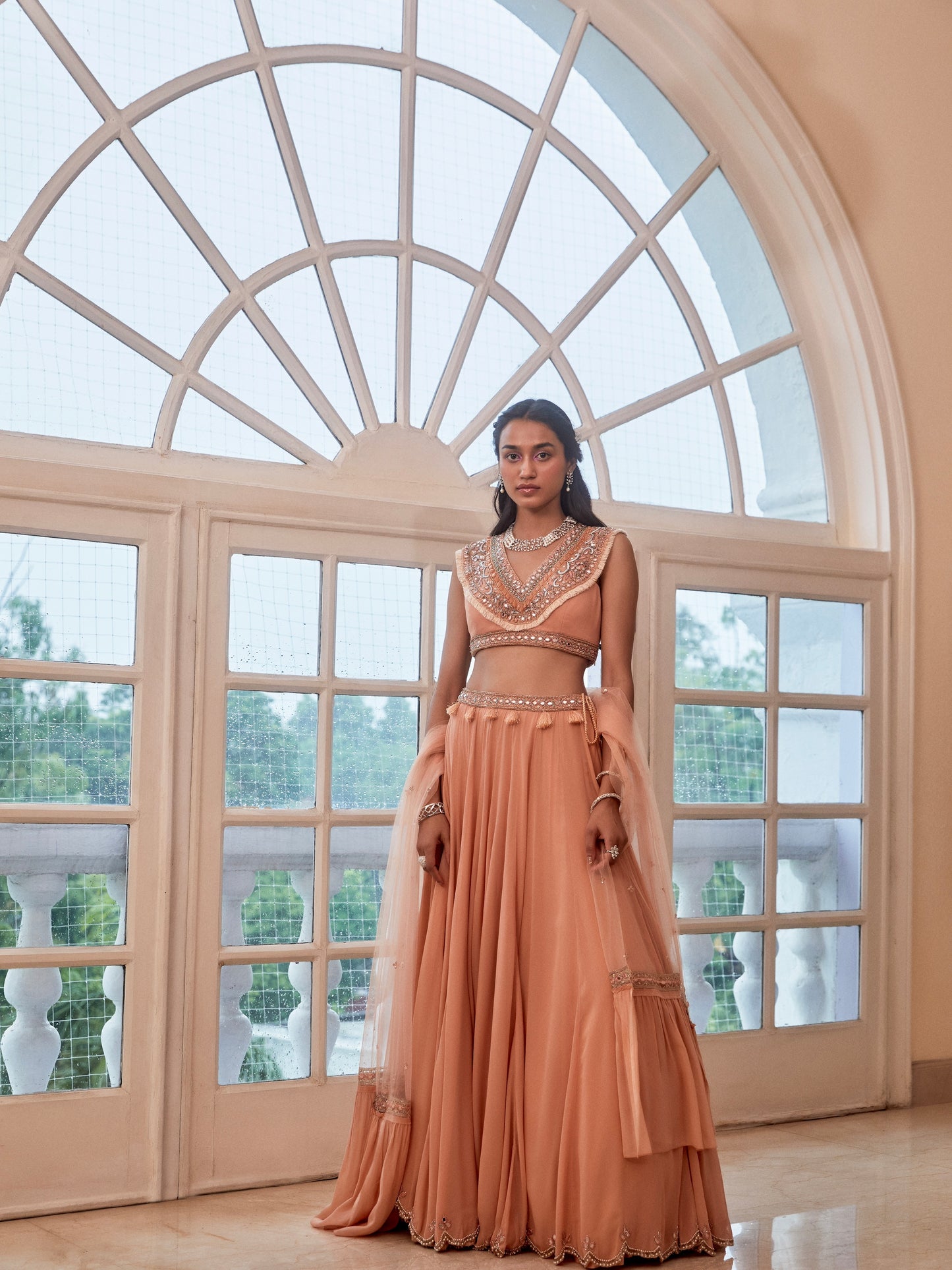 ROSE GOLD LEHENGA WITH BOHO BLOUSE AND DUPATTA SET