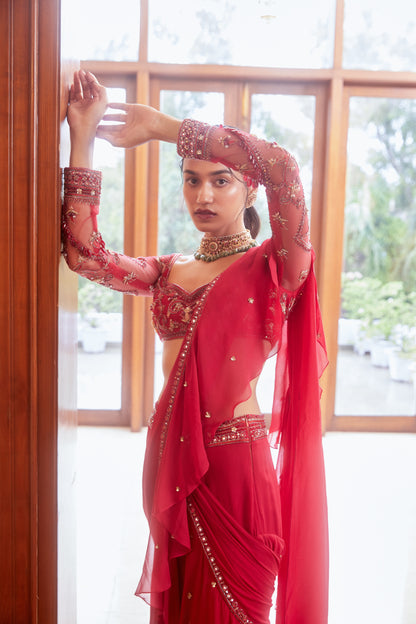 FUCHSIA PRE-STITCHED RUFFLE SAREE WITH BLOUSE
