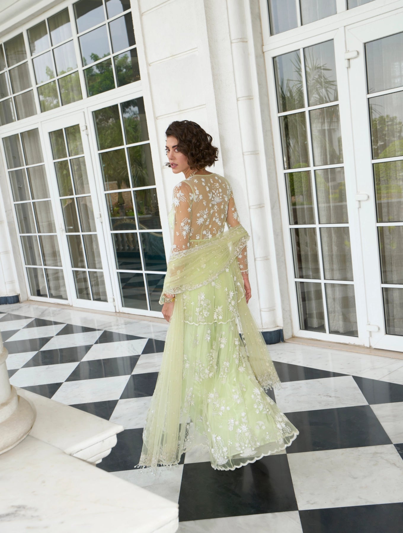 LIME GREEN NET PEPLUM SHARARA SET
