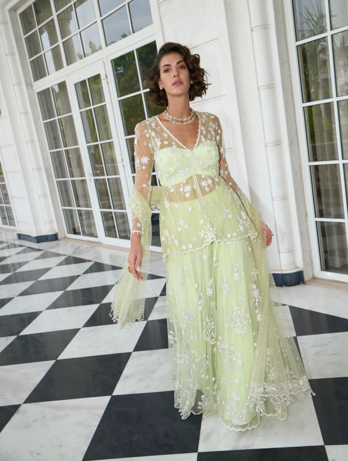 LIME GREEN NET PEPLUM SHARARA SET