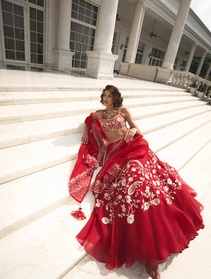 RED ORGANZA LEHENGA
